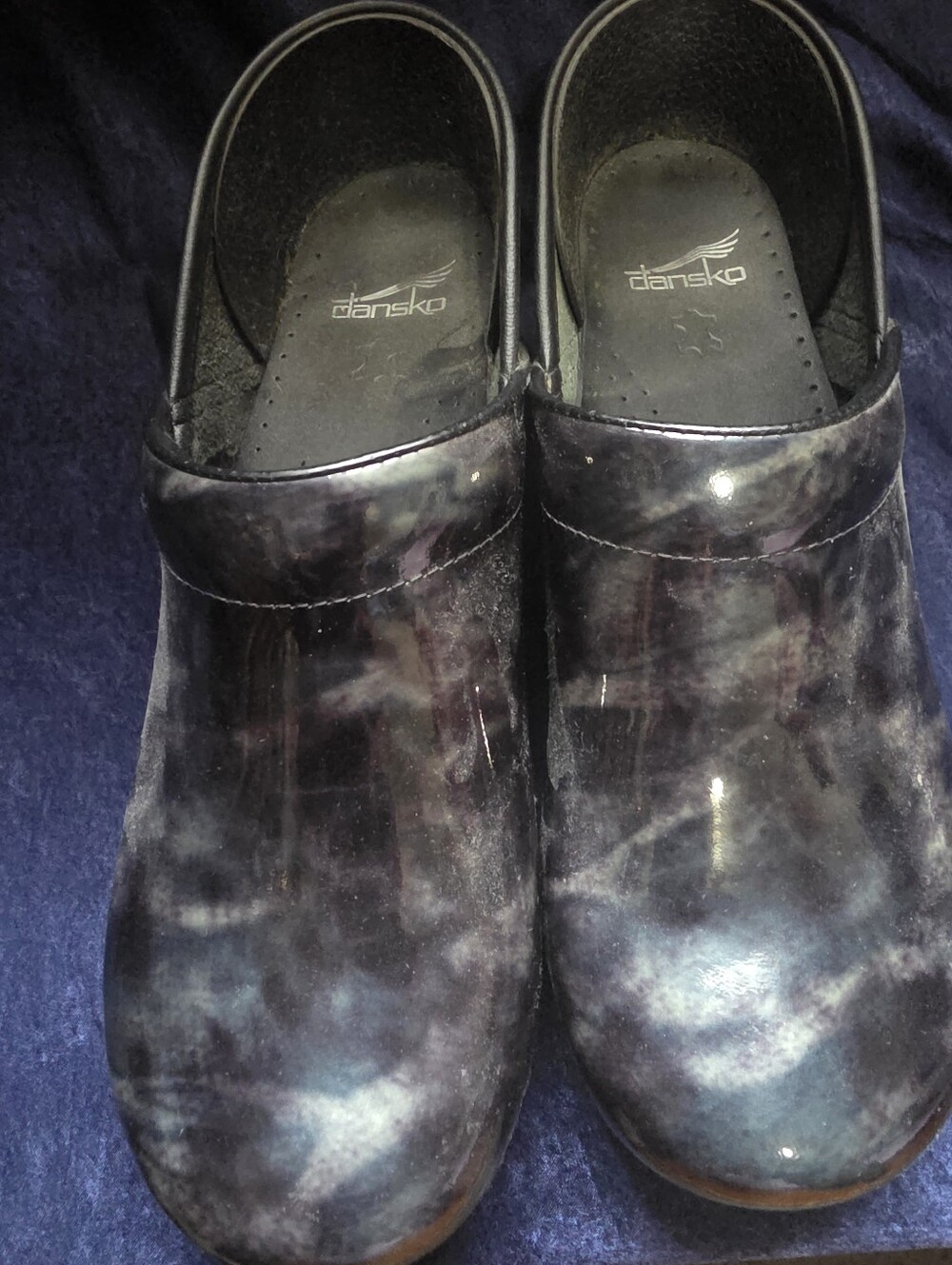 Dansko Womens Black and Gray Marble Patent Slip-On Clogs